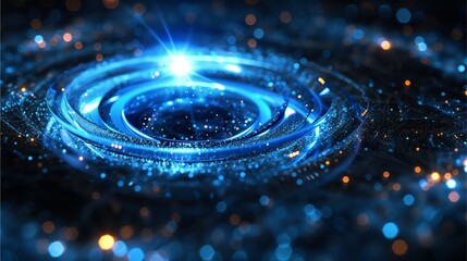 The electrons swirling around a transparent button, resembling celestial bodies orbiting a central star. 