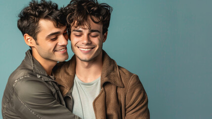 Affectionate young gay couple embracing each other while standing together in a studio. Two young male lovers smiling cheerfully while posing against a studio background. Gay couple being romantic. St
