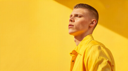 Obraz premium Young stylish man model posing for edgy and modern fashion editorial. Conceptual photo in yellow colors. Haute couture contemporary trends