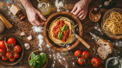 Traditional Italian Kitchen with Fresh Spaghetti and Tomato Sauce