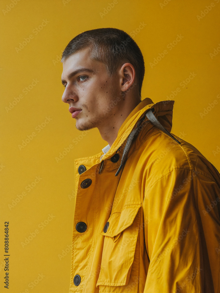 Wall mural Young stylish man model posing for edgy and modern fashion editorial. Conceptual photo in yellow colors. Haute couture contemporary trends - Wall murals