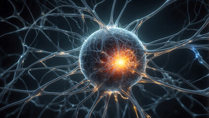 A close up of a ball of nerve cell network with neon orange glow light and explaining neuroscience on a dark black blur background