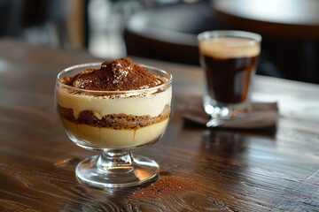Elegant Tiramisu in Glass with Espresso on Dark Wood Table