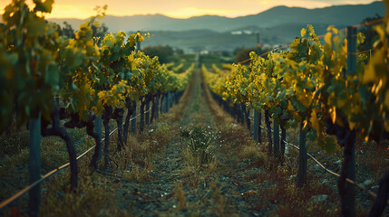 Tranquil Italian Vineyard at Sunset with Rows of Grapevines  