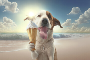 a dog holding a cone of ice cream on the beach, AI