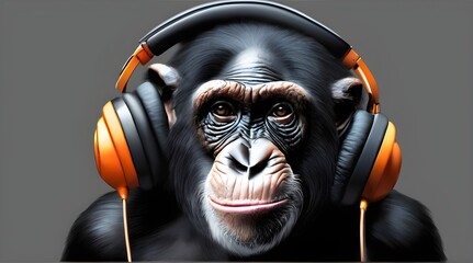 Illustration of Fantasy character with monkey head in Stylish glasses and headphones wearing Neon Jacket listening to music against color background. Generative.ai