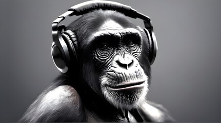 Illustration of Fantasy character with monkey head in Stylish glasses and headphones wearing Neon Jacket listening to music against color background. Generative.ai