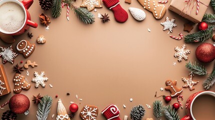 Minimalist Christmas Theme with Geometric Baubles, Tinsel, and Christmas Lights Border

