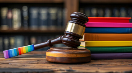 Judge's gavel and books with a gay rainbow bookmark on wood table. LGBT rights, justice and law equality concept. Stock Photo photography