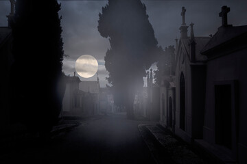 Old cemetery in a full moon night