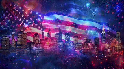 an American flag waving in the wind, with colorful cityscape and colorful fireworks and a starry...