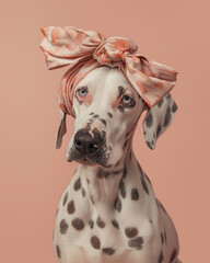 Dalmatian chic: dog with bow scarf on earthy backdrop. Minimal creative animal concept.