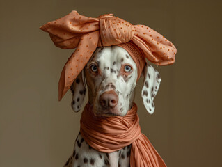 Dalmatian chic: dog with bow scarf on earthy backdrop. Minimal pastel animal concept.