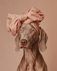  Weimaraner dog is wearing a big bow on his head on a brown background. Minimal fashion dog concept.