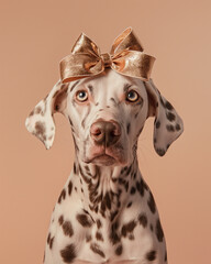 Dalmatian dog is wearing a big bow on his head on a pastel background. Minimal fashion dog concept.