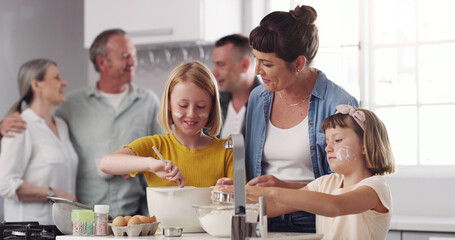 Family, teaching or cooking breakfast in kitchen together for love, bonding and learning on weekend...