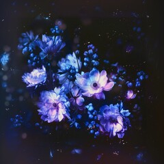 Starry Floral Cosmos: Diverse Flowers in Shades of Blue and Purple, Illuminated as if by Starlight