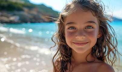 Young girl playing on the beach and smiling in the camera. Elba Island, Italy