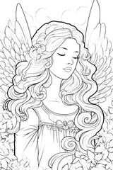 Girl angel illustration clip art coloring book black and white for kids and adults isolated line art on white background.