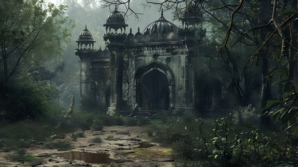 Haunted Indian House: Hyper-Realistic Image of Front Side in Forest