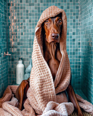 Close up portrait of a dog in blue bathroom, wrapped in a luxurious pink towel. Creative pet photography.