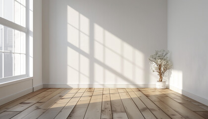 Empty room with a large window on the side. Mockup of a white wall with a wooden floor. Realistic illustration