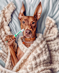 Close up portrait of a dog wrapped in luxurious towel, holding toothbrush. Creative pet photography.