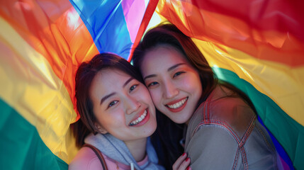 LGBT Asian lesbian young couple smiling holding pride flag happiness with love together.Cheerful Homosexual couple embracing and looking at camera under LGBTQ pride flag.LGBTQ Lifestyle Pride Month St
