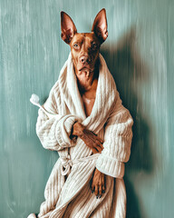 Close up portrait of a dog dressed in a luxurious bathrobe, holding toothbrush. Creative pet photography.