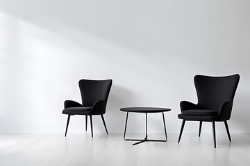 Fototapeta premium A black chair positioned within a room's interior, contrasting against a white wall.