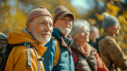 Group of senior people wearing backpacks standing together, enjoying nature walk outdoor activities