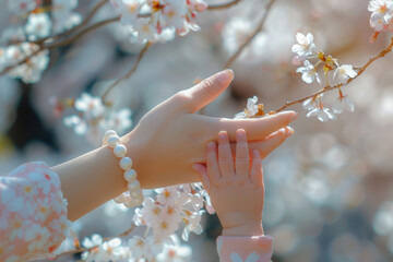 A mother and child are holding hands and cherry blossom tree, mothers day concept - Powered by Adobe