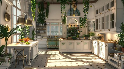 white gold colors long wide giant romantic whimsy kitchen, decorated with planters