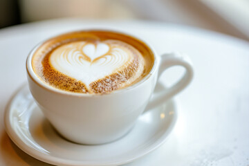 Close up white coffee cup with heart shape latte art 