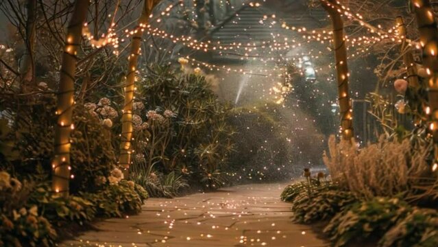 A dreamy setting of ling lights and sparkling fairy dust in a mystical garden under a velvet night sky.