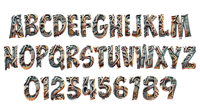 Set of 3D Decorated Comic style letters, gaming, isolated on transparent background