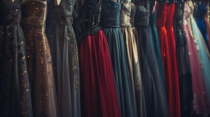 Row of elegant evening gowns and cocktail dresses, ready for a night out on the town