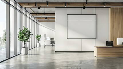 brazilian office prohibited room, one art on the wall, modern minimalist cool style, white walls and wood elements