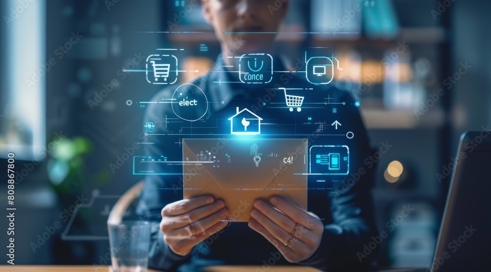 Aufkleber A business executive interacts with a digital interface on a smartphone, managing smart home technology that includes security and automation features