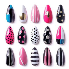 Fototapeta premium Collection of nail art designs with geometric and polka dot patterns on a white background. Styles include black, pink, and white colors with gold accents, suitable for fashionable looks