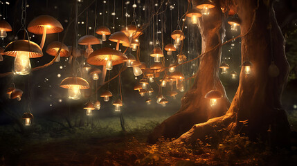 A magical scene of agaricus mushrooms in a glade lit by the soft light of lanterns hanging from tree branches.