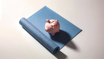 piggy bank next to a yoga mat symbolizing financial wellness and saving discipline Concept of mindful investing and saving