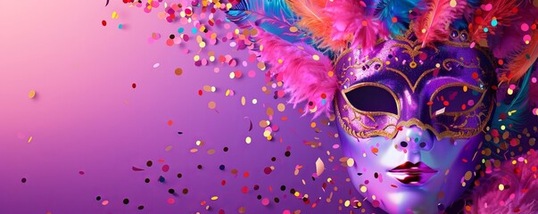Happy Mardi Gras poster. A banner template with Venetian masquerade decorations, mask, confetti and feathers isolated on purple background, copy space. Costume party flyer for carnivals.