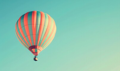 Fototapeta premium Striped hot air balloon floating in clear sky, Generative AI