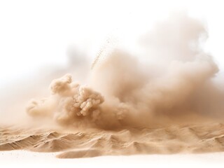 Sandstorm with small particles of sand and dust flying in a cloud, isolated.