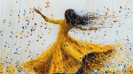 Melodic Raindrops: Painting Music Notes Dancing on White Background