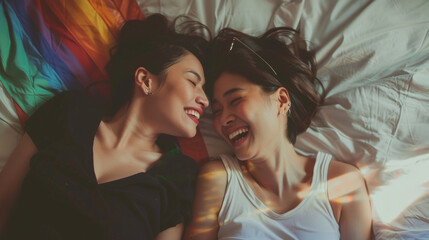 LGBT concept, Asian gay lover, just married homosexual couple lying on bed together in bedroom. Playing and smile laughing with happiness and kissing on forehead. Happy gay and lesbian lifestyle. Stoc - Powered by Adobe