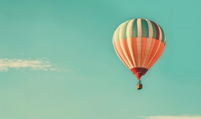 Naklejka premium Striped hot air balloon floating in clear sky, Generative AI