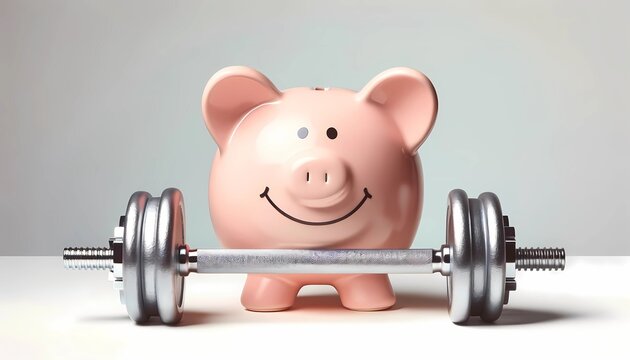 piggy bank with a barbell showcasing financial strength and savings growth, Concept of financial health and investment fitness