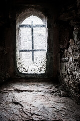 Iron Barred Window In An English Castle Tower